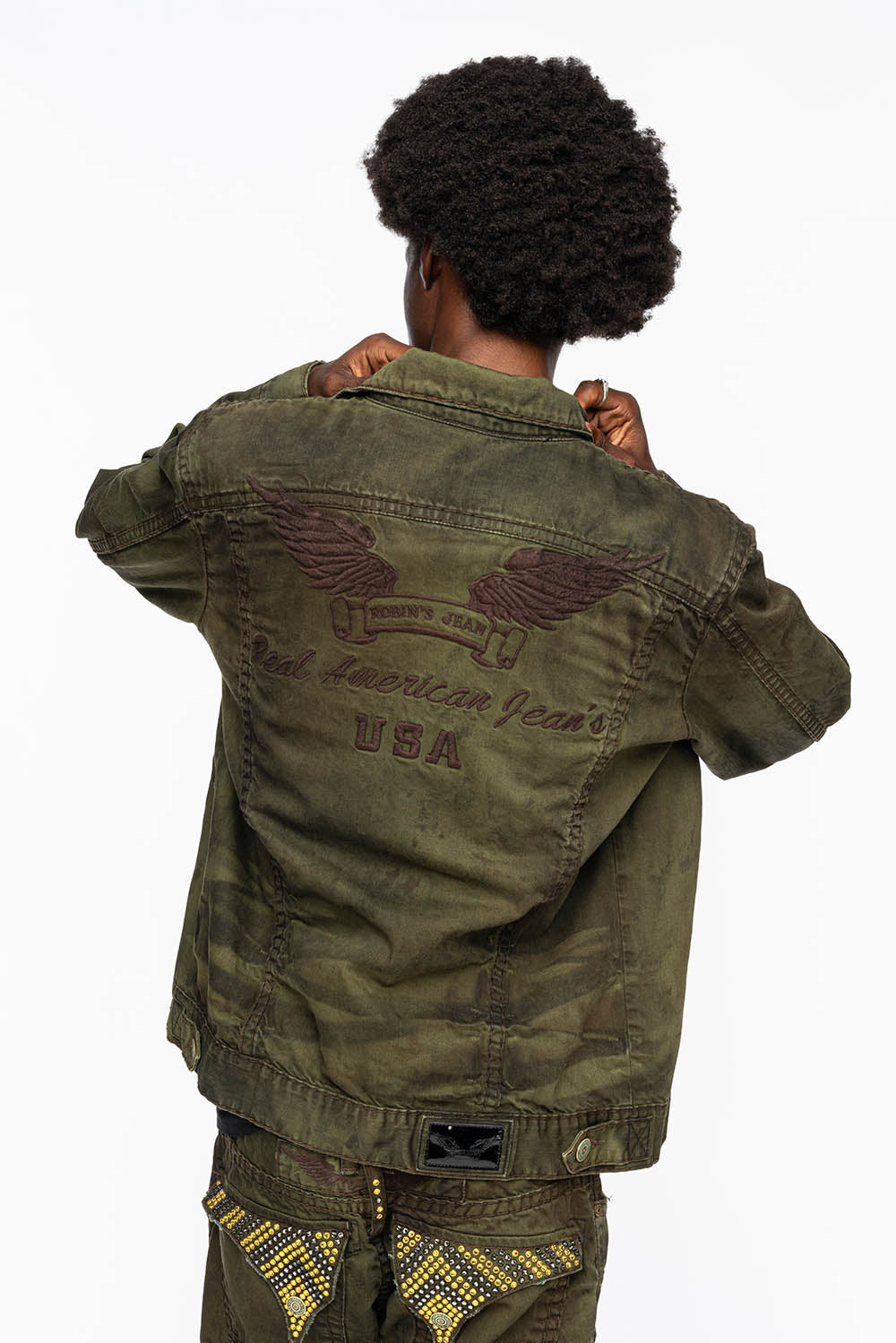 VINTAGE FASHION GREEN JEAN JKT WITH BROWN CONTRAST STICH WITH CRYSTALS