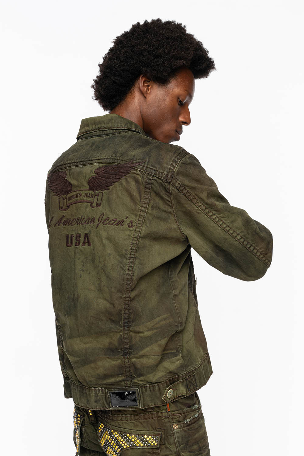 VINTAGE FASHION GREEN JEAN JKT WITH BROWN CONTRAST STICH WITH CRYSTALS