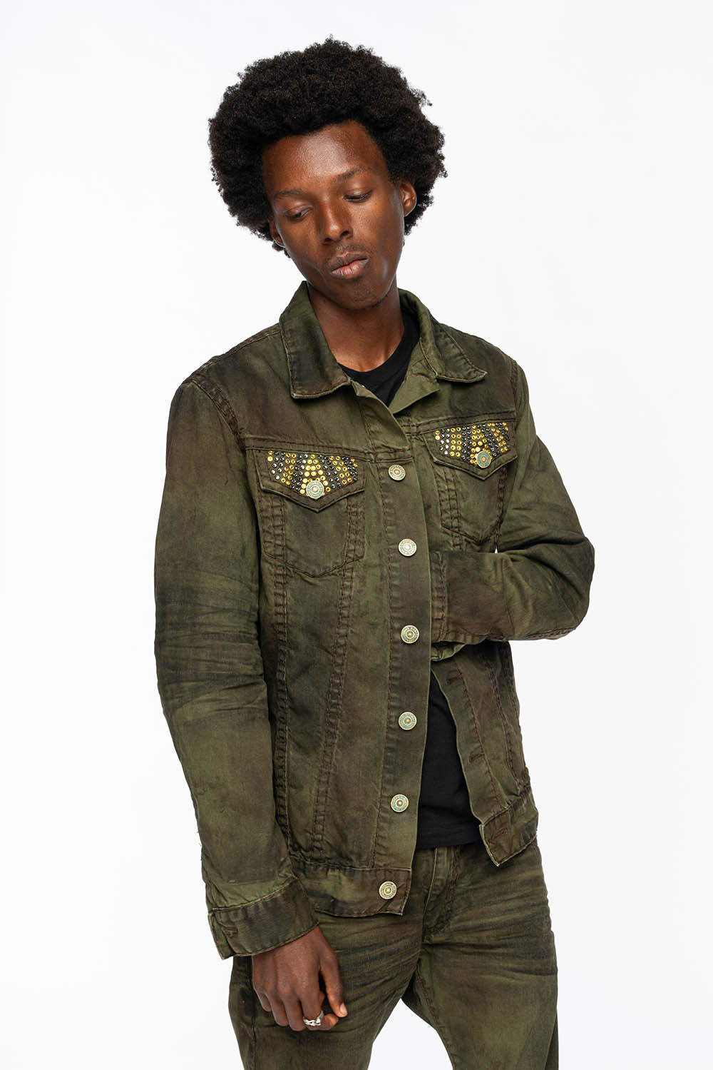 VINTAGE FASHION GREEN JEAN JKT WITH BROWN CONTRAST STICH WITH CRYSTALS