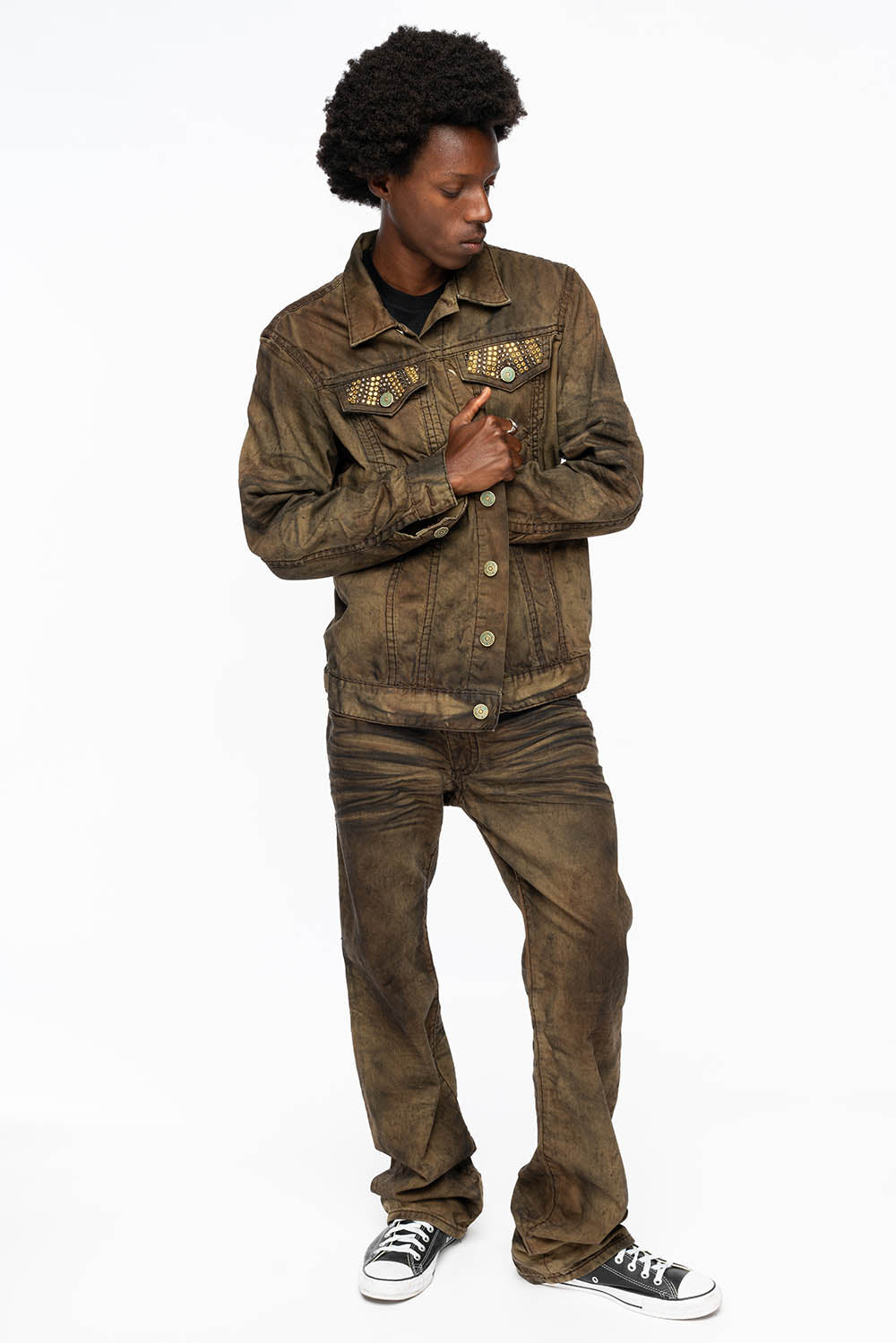 MENS LONG FLAP BOOT CUT JEANS WITH CRYSTALS IN FASHION VINTAGE BROWN
