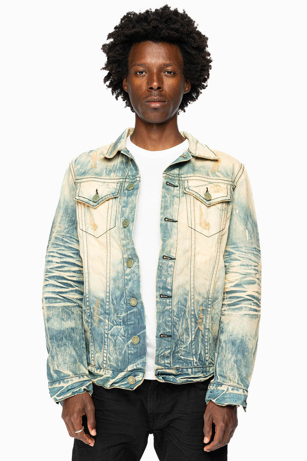 VINTAGE LIGHT BLUE JACKET WITH CONTRAST STITCHING AND BLACK EMBROIDERED LOGO WINGS