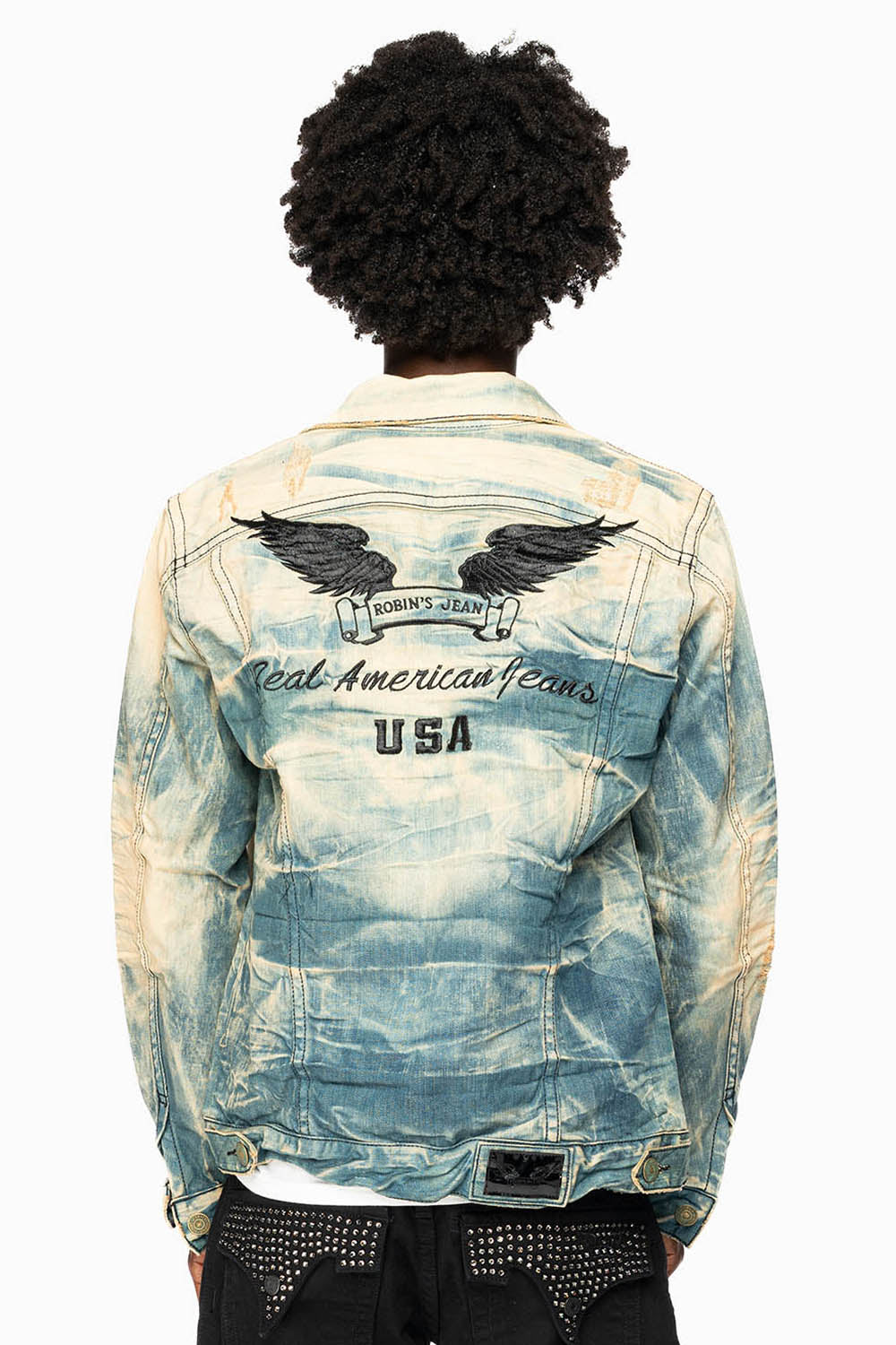 VINTAGE LIGHT BLUE JACKET WITH CONTRAST STITCHING AND BLACK EMBROIDERED LOGO WINGS