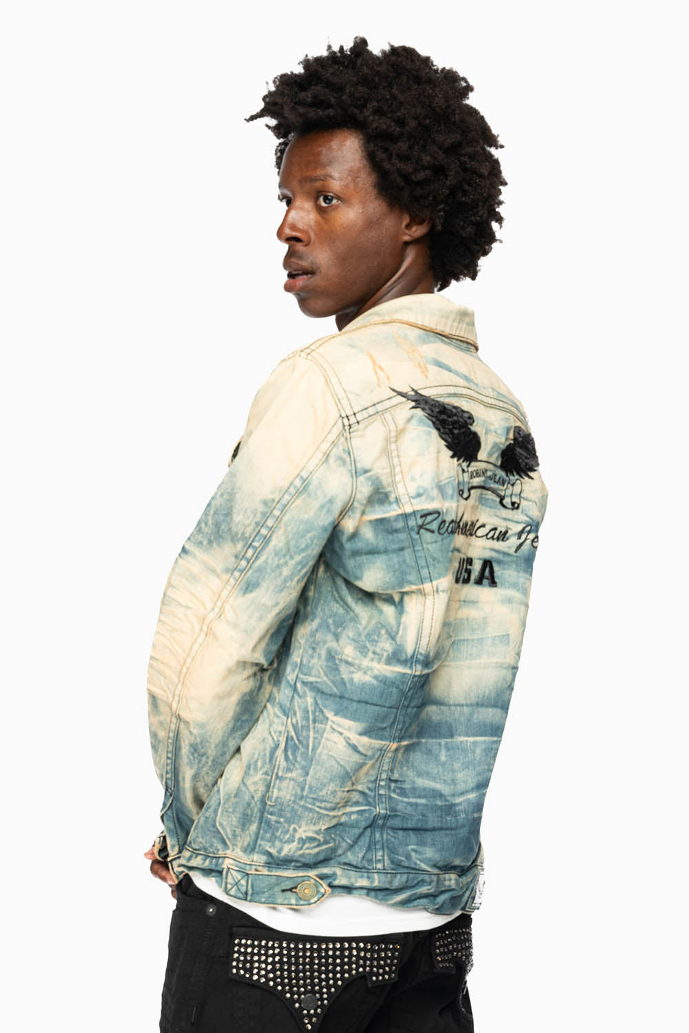 VINTAGE LIGHT BLUE JACKET WITH CONTRAST STITCHING AND BLACK EMBROIDERED LOGO WINGS