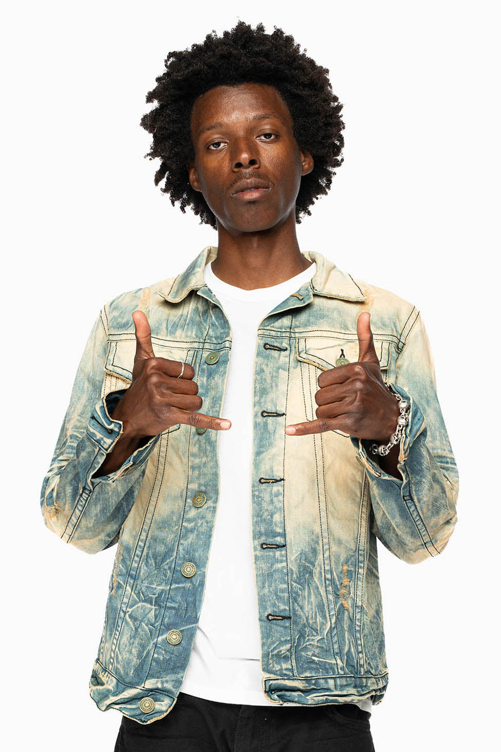 VINTAGE LIGHT BLUE JACKET WITH CONTRAST STITCHING AND BLACK EMBROIDERED LOGO WINGS