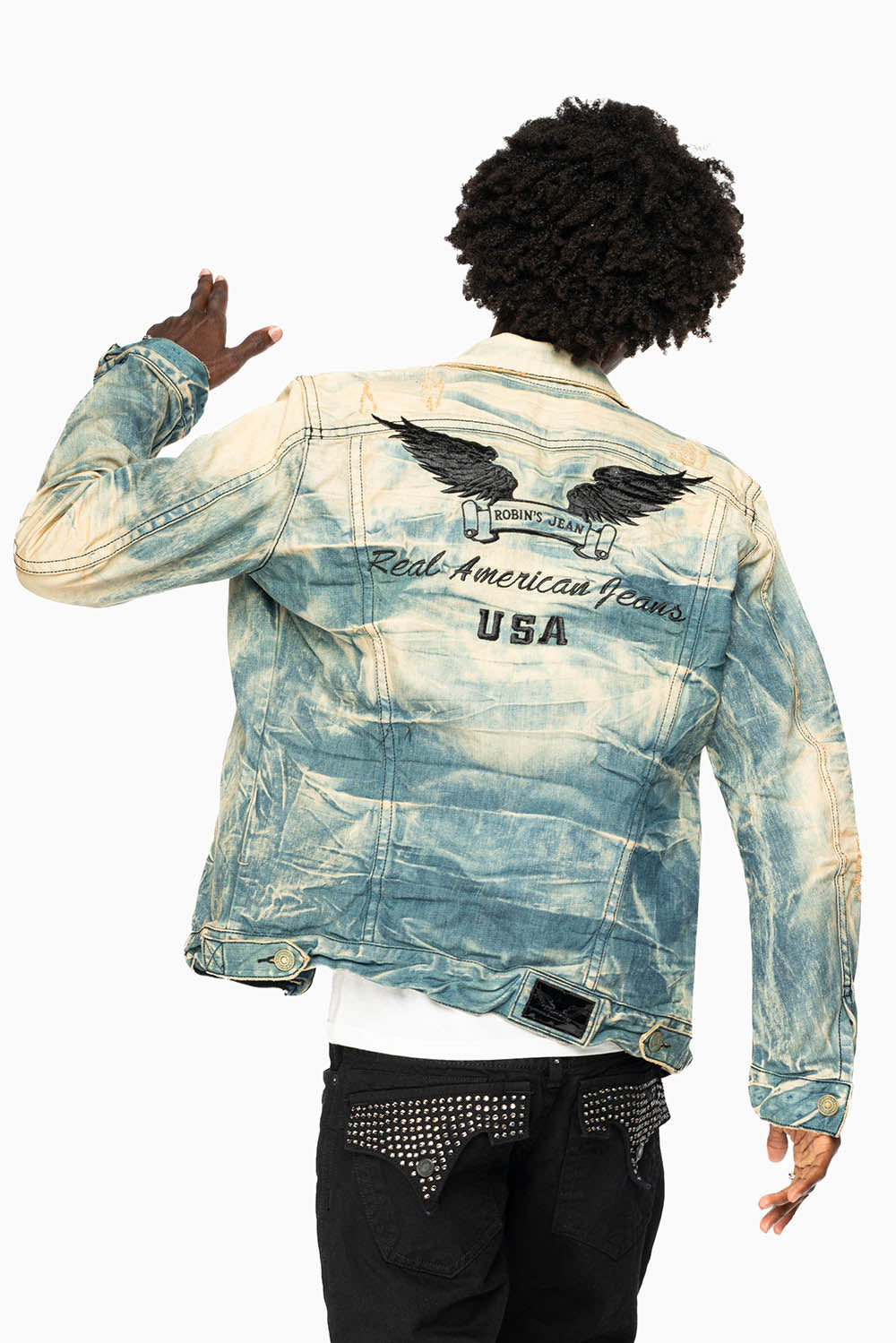VINTAGE LIGHT BLUE JACKET WITH CONTRAST STITCHING AND BLACK EMBROIDERED LOGO WINGS