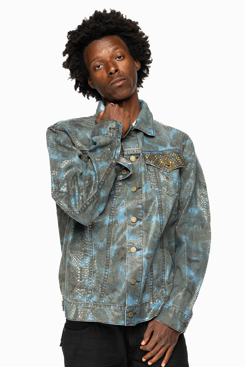 BROWN SNAKE SKIN JACKET WITH BLACK EMBROIDERED LOGO WINGS AND CRYSTALS