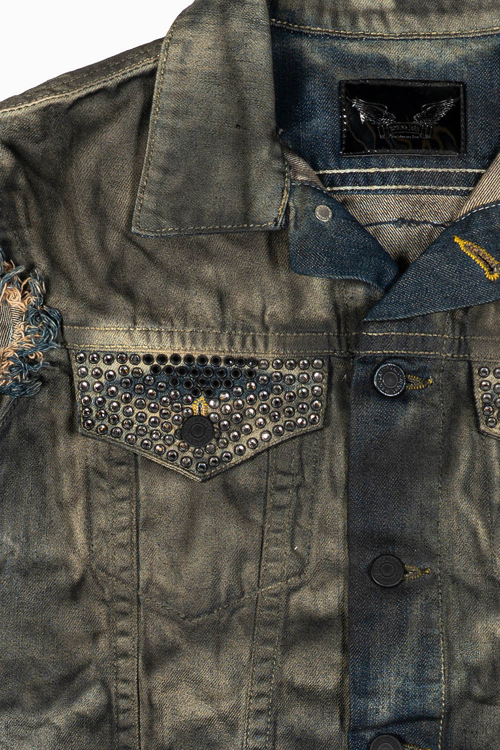 RAW EDGE VEST IN TAR WASH WITH BLK DIAMOND AND JET BLK CRYSTALS