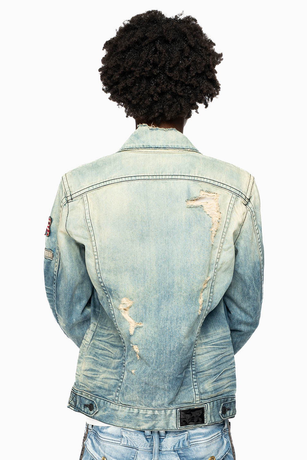 MENS DENIM JACKET IN ALLOY MEDIUM BROKEN WASH WITH PATCHES