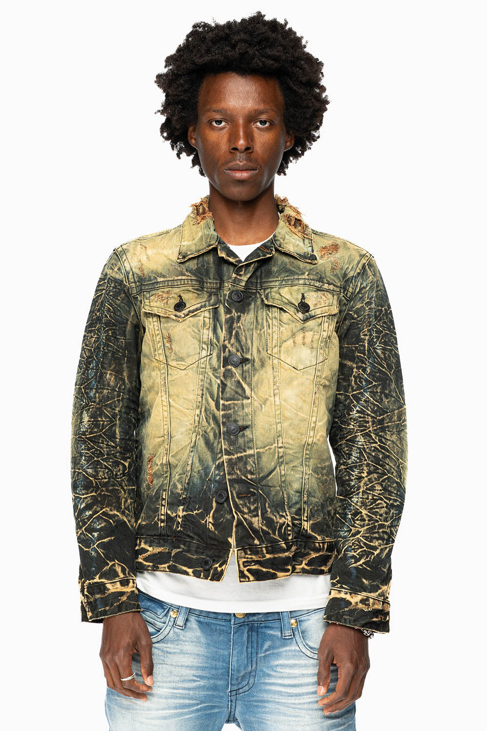 MENS DENIM JACKET IN LIGHT YELLOW 4D DARK PERU WASH WITH BLACK WINGS