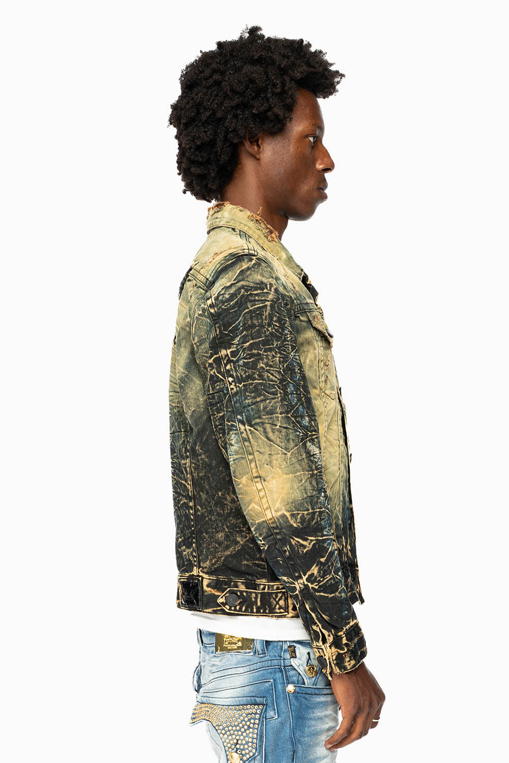 MENS DENIM JACKET IN LIGHT YELLOW 4D DARK PERU WASH WITH BLACK WINGS