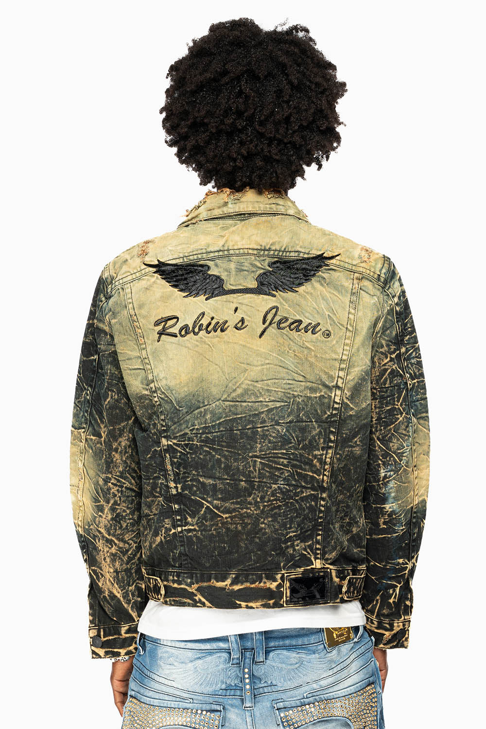 MENS DENIM JACKET IN LIGHT YELLOW 4D DARK PERU WASH WITH BLACK WINGS
