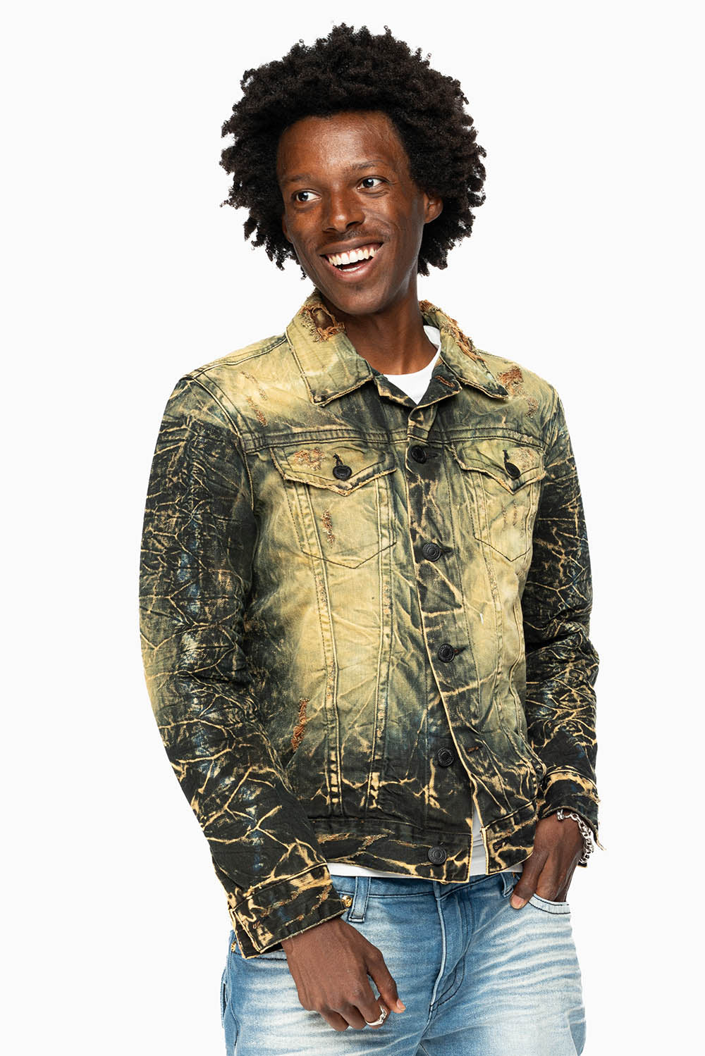 MENS DENIM JACKET IN LIGHT YELLOW 4D DARK PERU WASH WITH BLACK WINGS