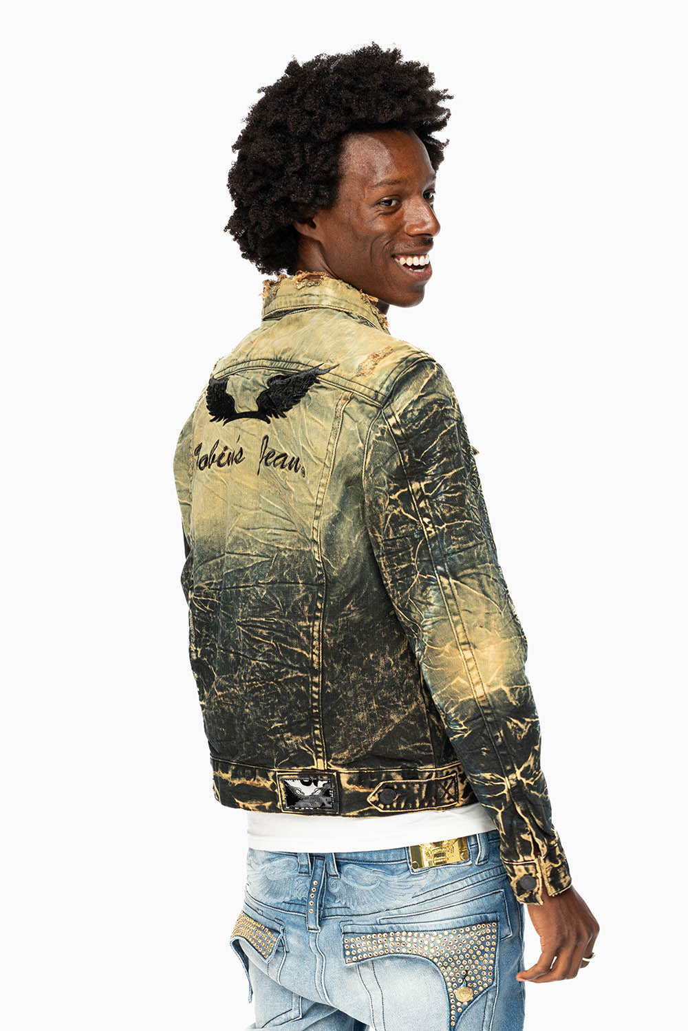 MENS DENIM JACKET IN LIGHT YELLOW 4D DARK PERU WASH WITH BLACK WINGS