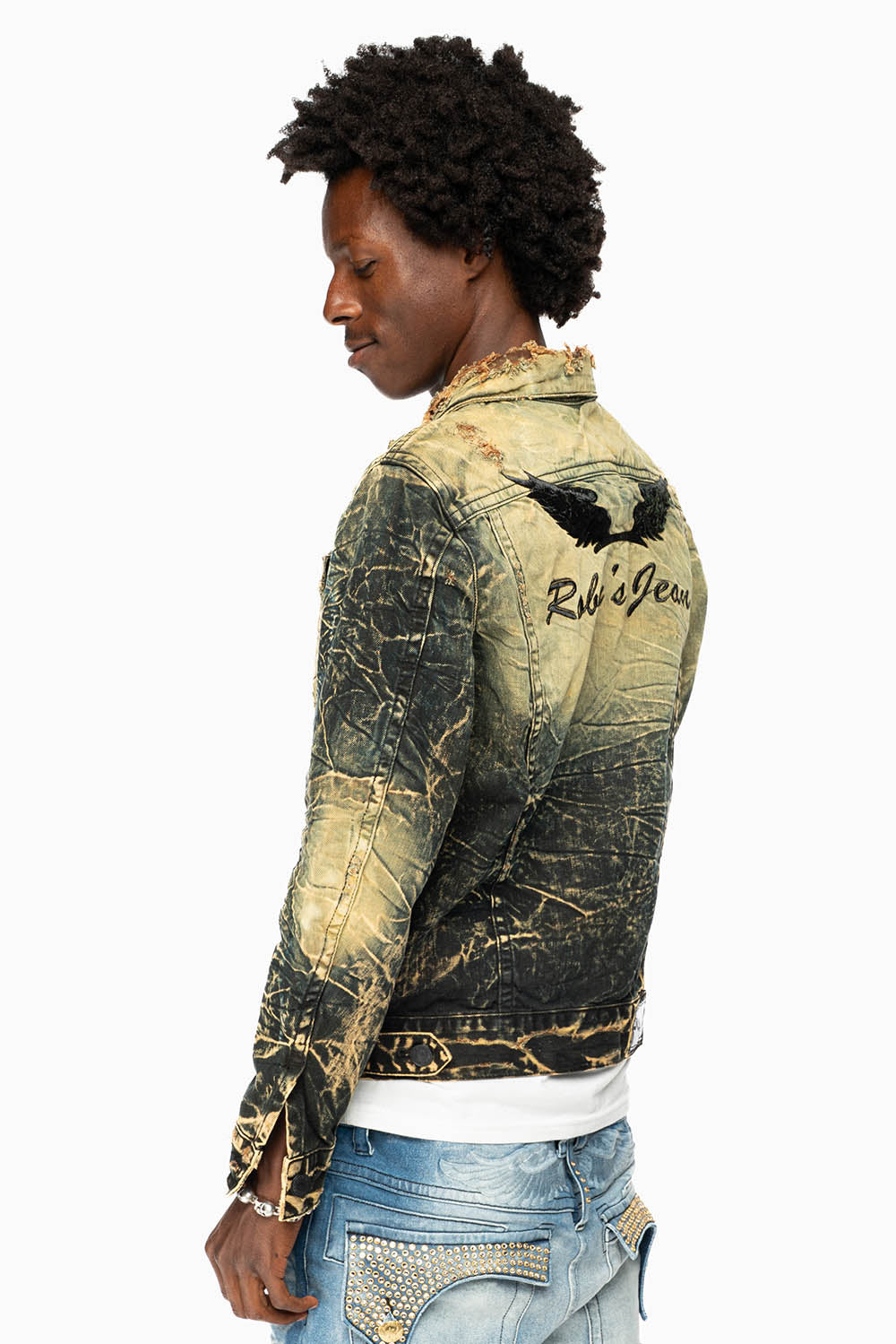 MENS DENIM JACKET IN LIGHT YELLOW 4D DARK PERU WASH WITH BLACK WINGS
