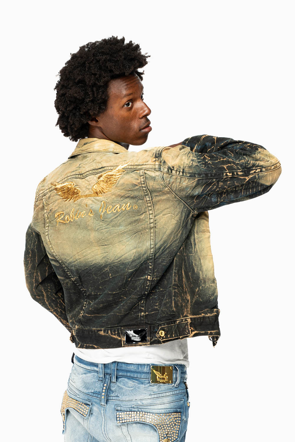 MENS DENIM JACKET IN LIGHT YELLOW 4D DARK PERU WASH WITH GOLD WINGS