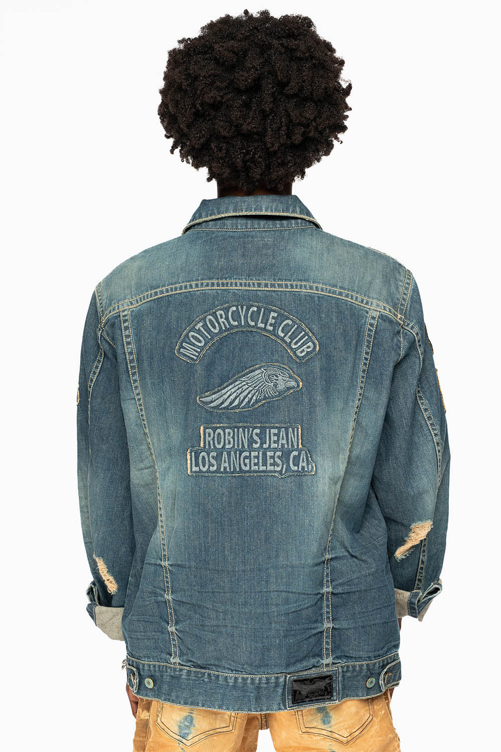 ROBINS MOTORCYCLE CLUB DENIM JACKET IN SMOKY BLUE BROKEN WASH WITH MULTIPLE PATCHES