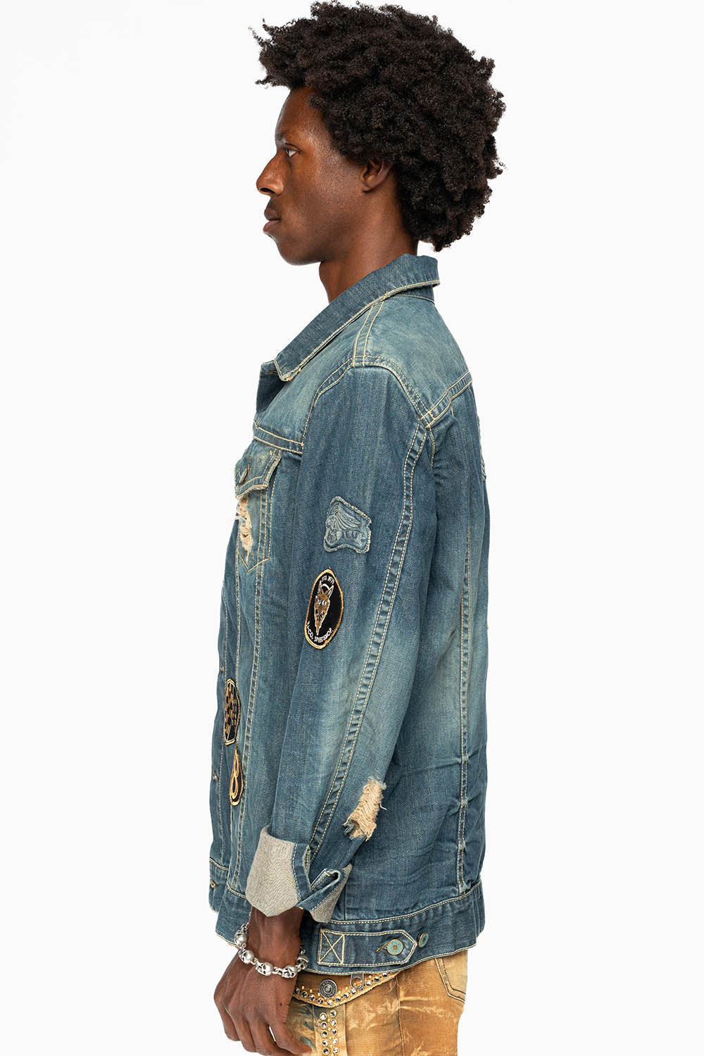 ROBINS MOTORCYCLE CLUB DENIM JACKET IN SMOKY BLUE BROKEN WASH WITH MULTIPLE PATCHES