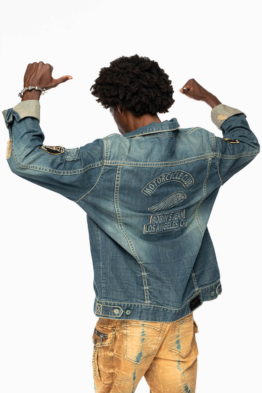 ROBINS MOTORCYCLE CLUB DENIM JACKET IN SMOKY BLUE BROKEN WASH WITH MULTIPLE PATCHES