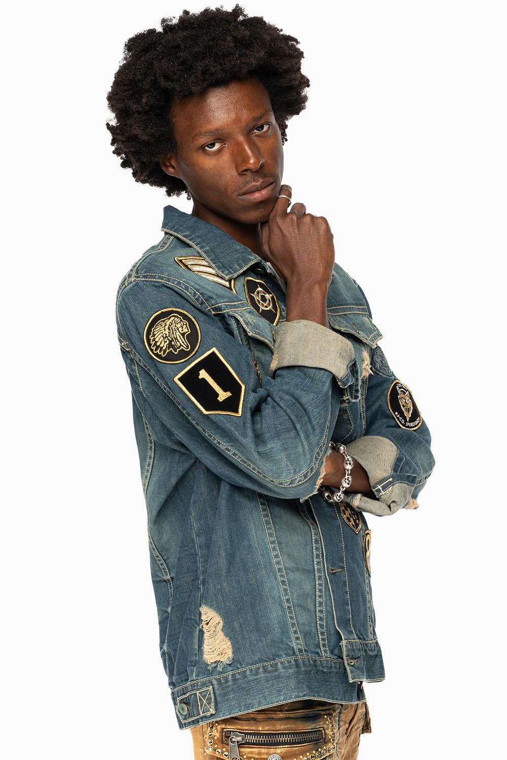 ROBINS MOTORCYCLE CLUB DENIM JACKET IN SMOKY BLUE BROKEN WASH WITH MULTIPLE PATCHES