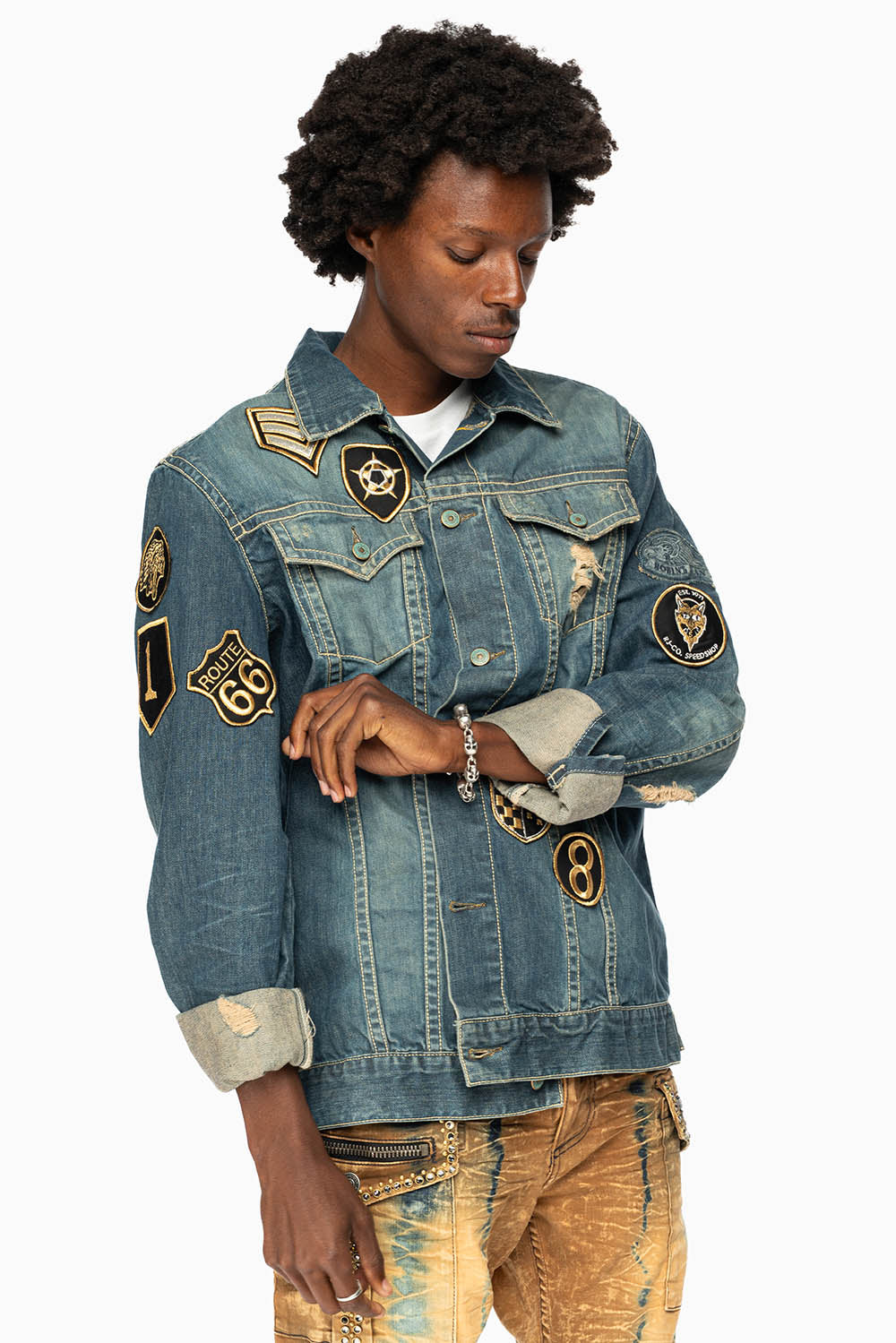 ROBINS MOTORCYCLE CLUB DENIM JACKET IN SMOKY BLUE BROKEN WASH WITH MULTIPLE PATCHES