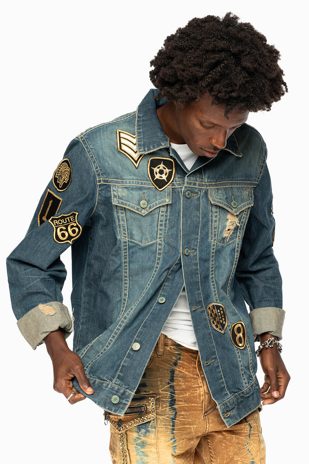 ROBINS MOTORCYCLE CLUB DENIM JACKET IN SMOKY BLUE BROKEN WASH WITH MULTIPLE PATCHES