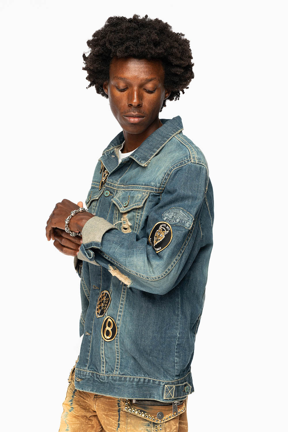 ROBINS MOTORCYCLE CLUB DENIM JACKET IN SMOKY BLUE BROKEN WASH WITH MULTIPLE PATCHES