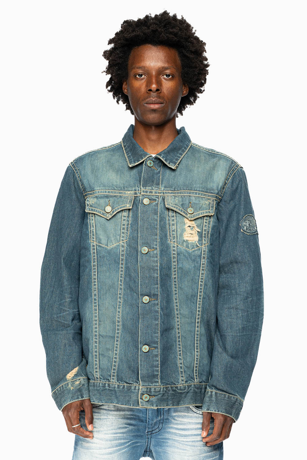 ROBINS MOTORCYCLE CLUB DENIM JACKET IN MEDIUM BLUE BROKEN WASH WITH PATCHES