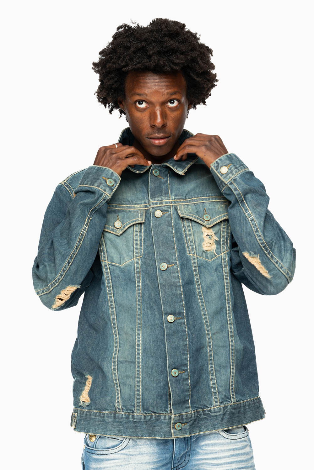 ROBINS MOTORCYCLE CLUB DENIM JACKET IN MEDIUM BLUE BROKEN WASH WITH PATCHES