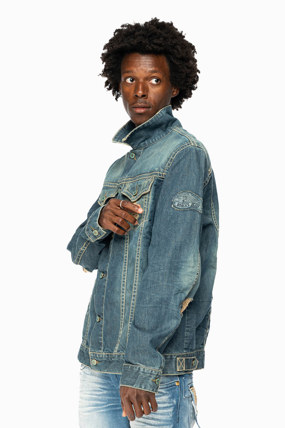 ROBINS MOTORCYCLE CLUB DENIM JACKET IN MEDIUM BLUE BROKEN WASH WITH PATCHES