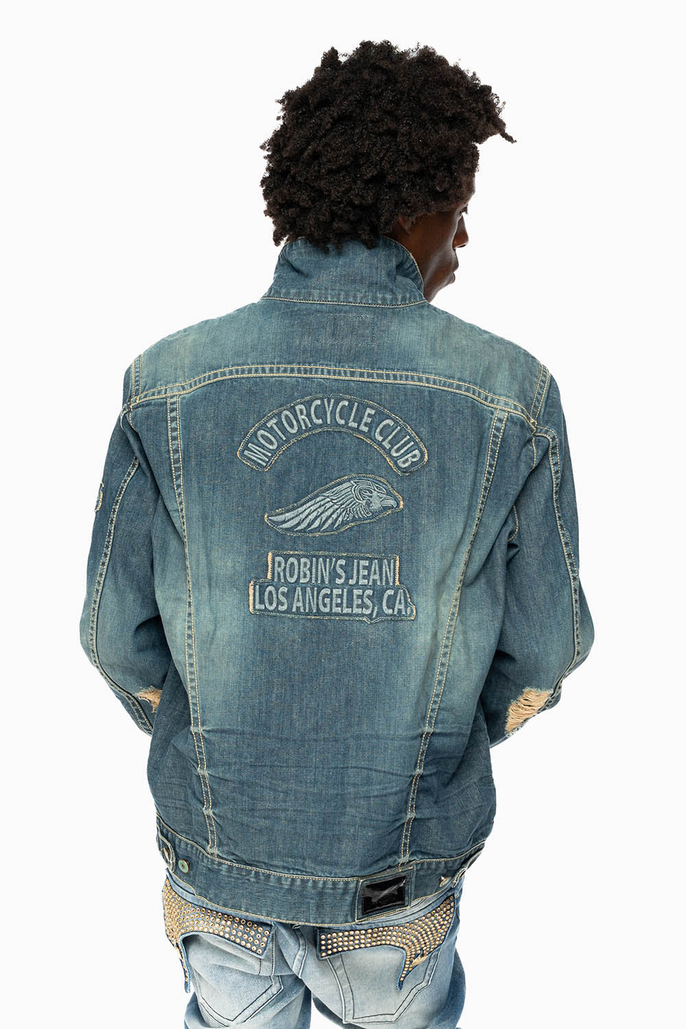 ROBINS MOTORCYCLE CLUB DENIM JACKET IN MEDIUM BLUE BROKEN WASH WITH PATCHES