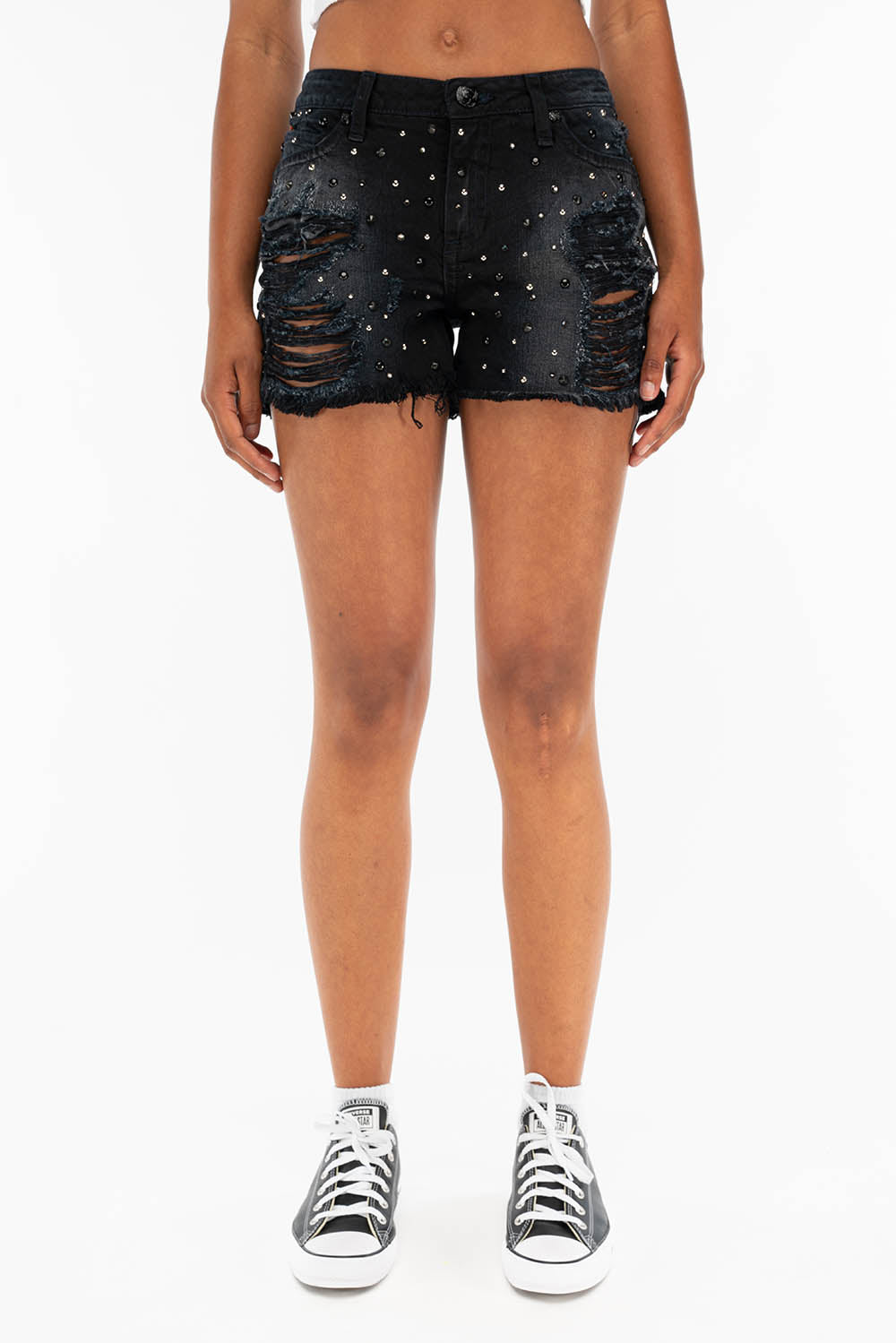 DESTROYED DENIM SHORTS WITH CRYSTALS AND STUDS IN BLACK