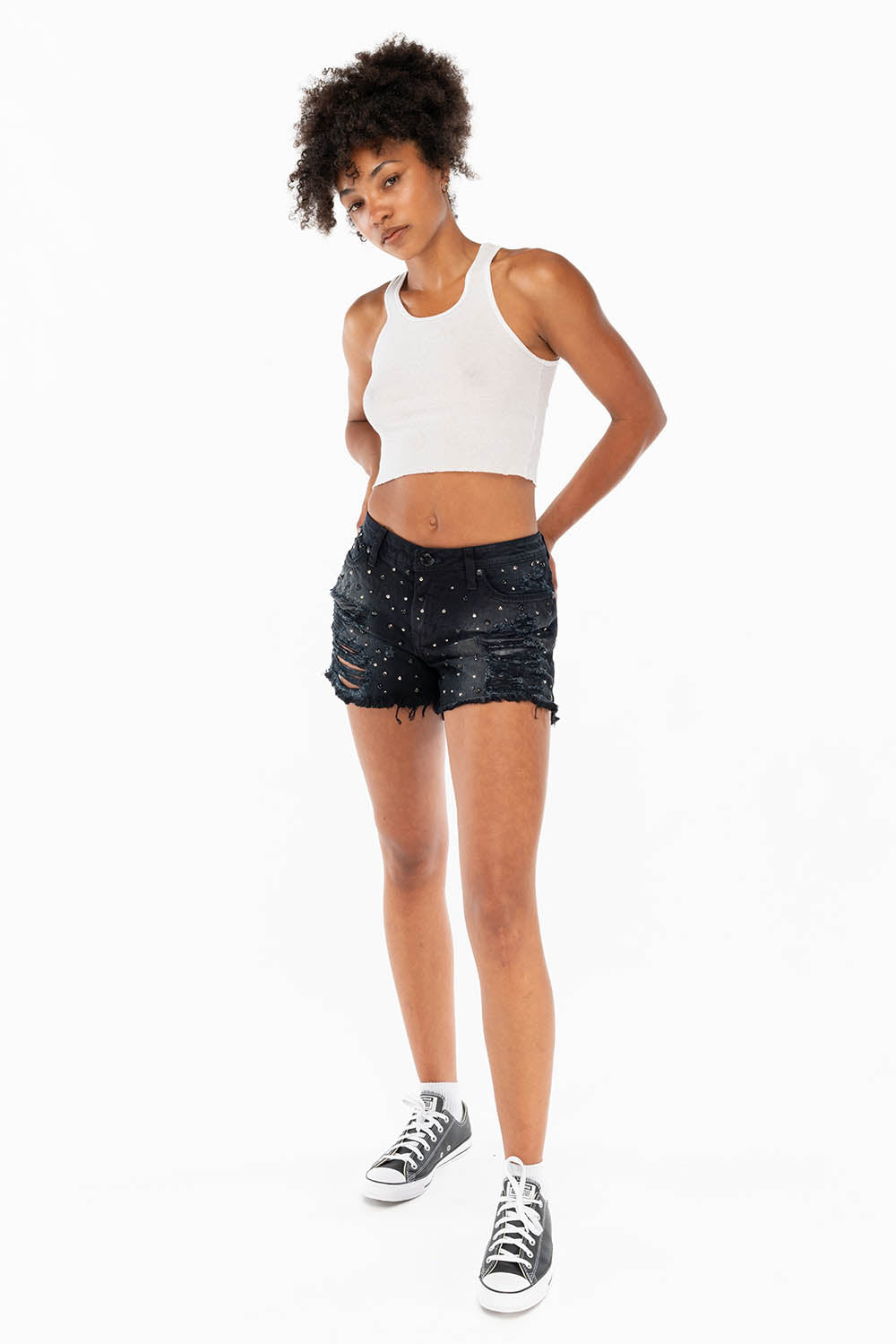 DESTROYED DENIM SHORTS WITH CRYSTALS AND STUDS IN BLACK