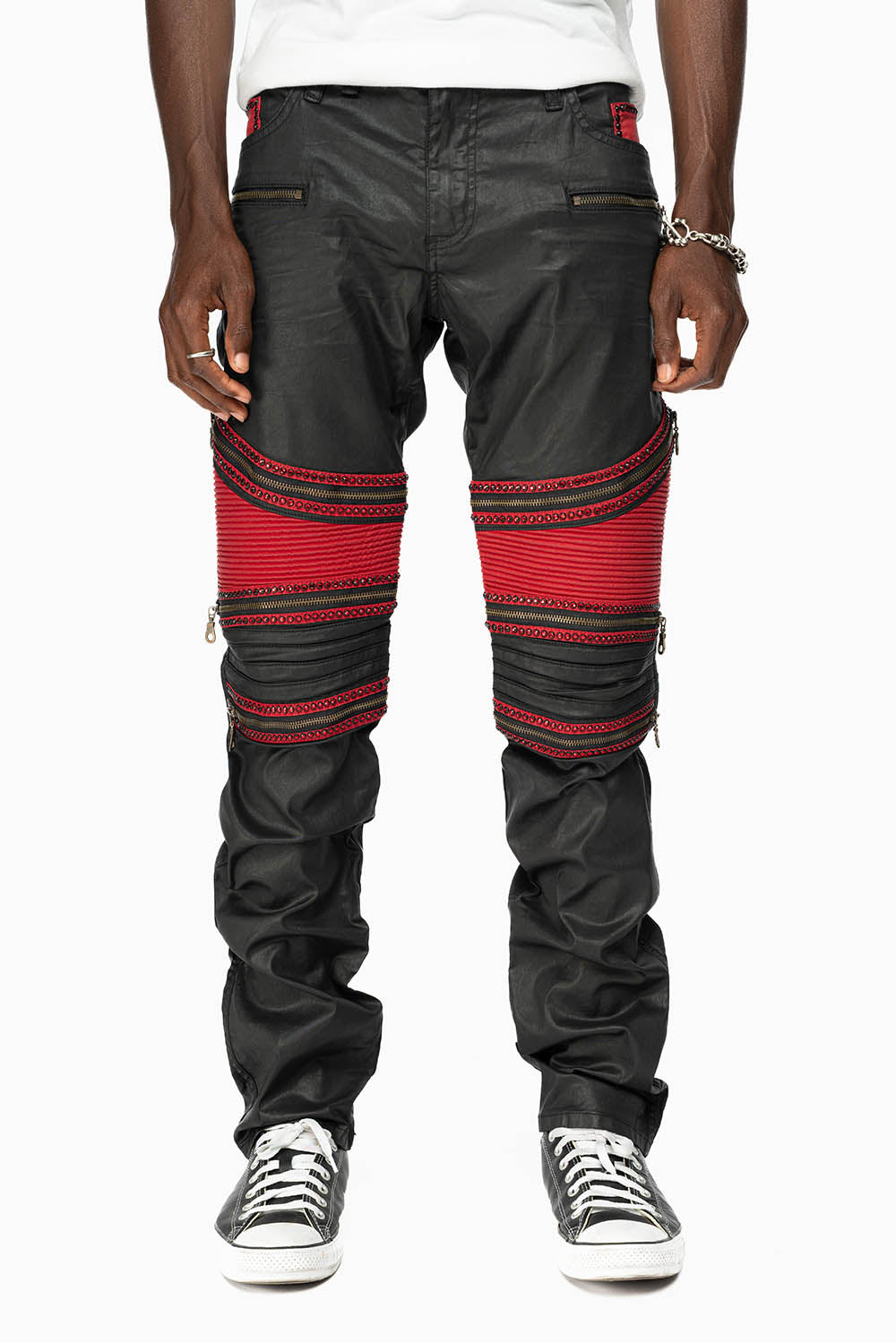 MENS THE SHOW BIKER JEANS IN BLACK DY FABRIC WITH RED INSERTS WITH EMBELLISHMENT