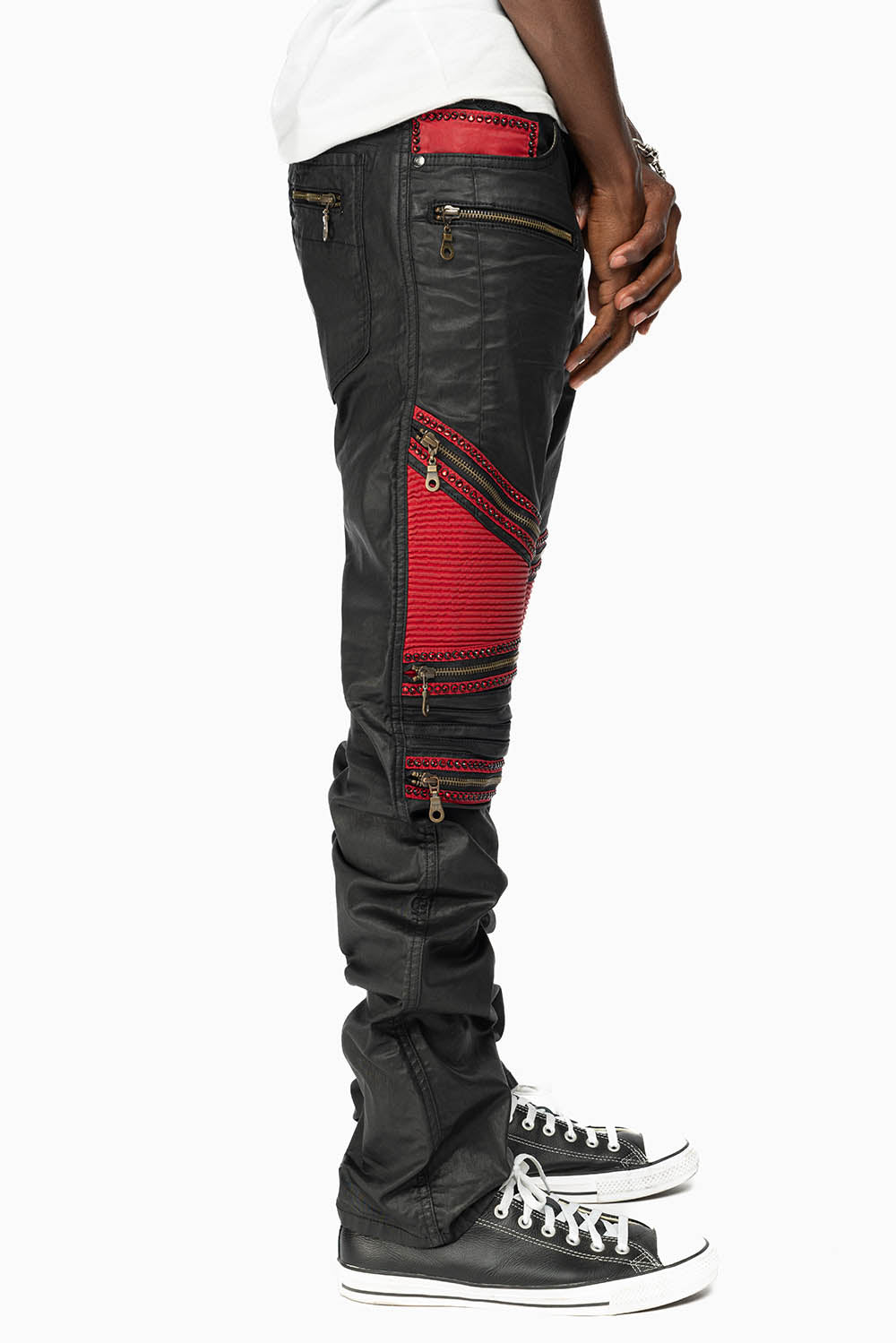 MENS THE SHOW BIKER JEANS IN BLACK DY FABRIC WITH RED INSERTS WITH EMBELLISHMENT
