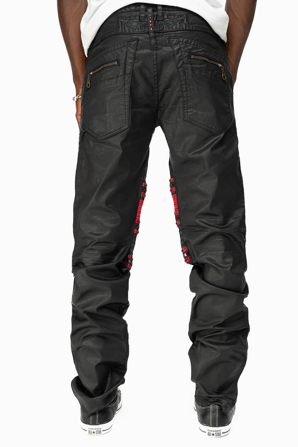 MENS THE SHOW BIKER JEANS IN BLACK DY FABRIC WITH RED INSERTS WITH EMBELLISHMENT
