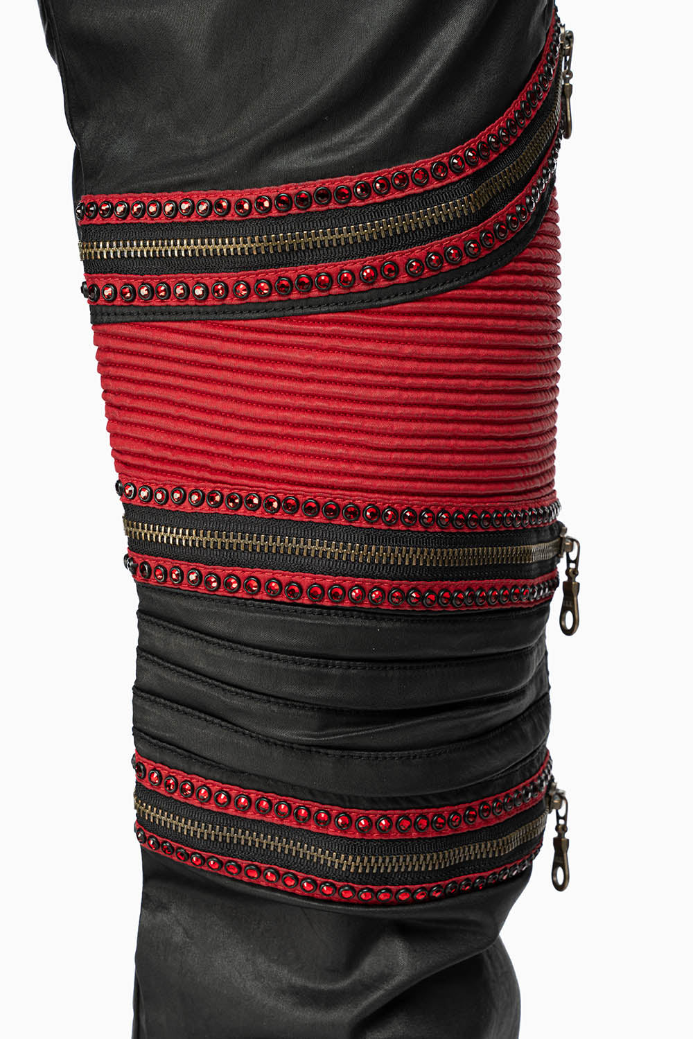 MENS THE SHOW BIKER JEANS IN BLACK DY FABRIC WITH RED INSERTS WITH EMBELLISHMENT