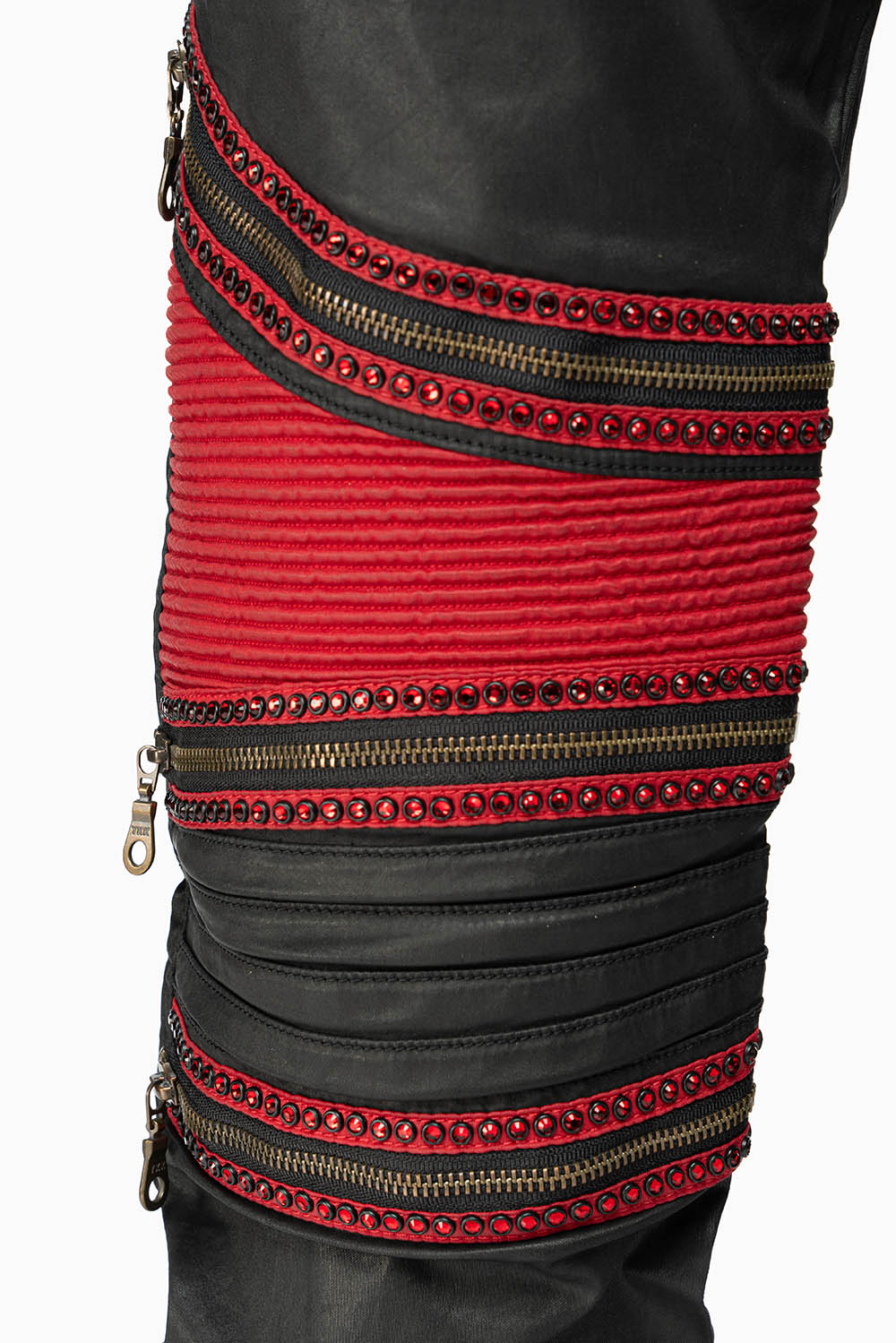 MENS THE SHOW BIKER JEANS IN BLACK DY FABRIC WITH RED INSERTS WITH EMBELLISHMENT