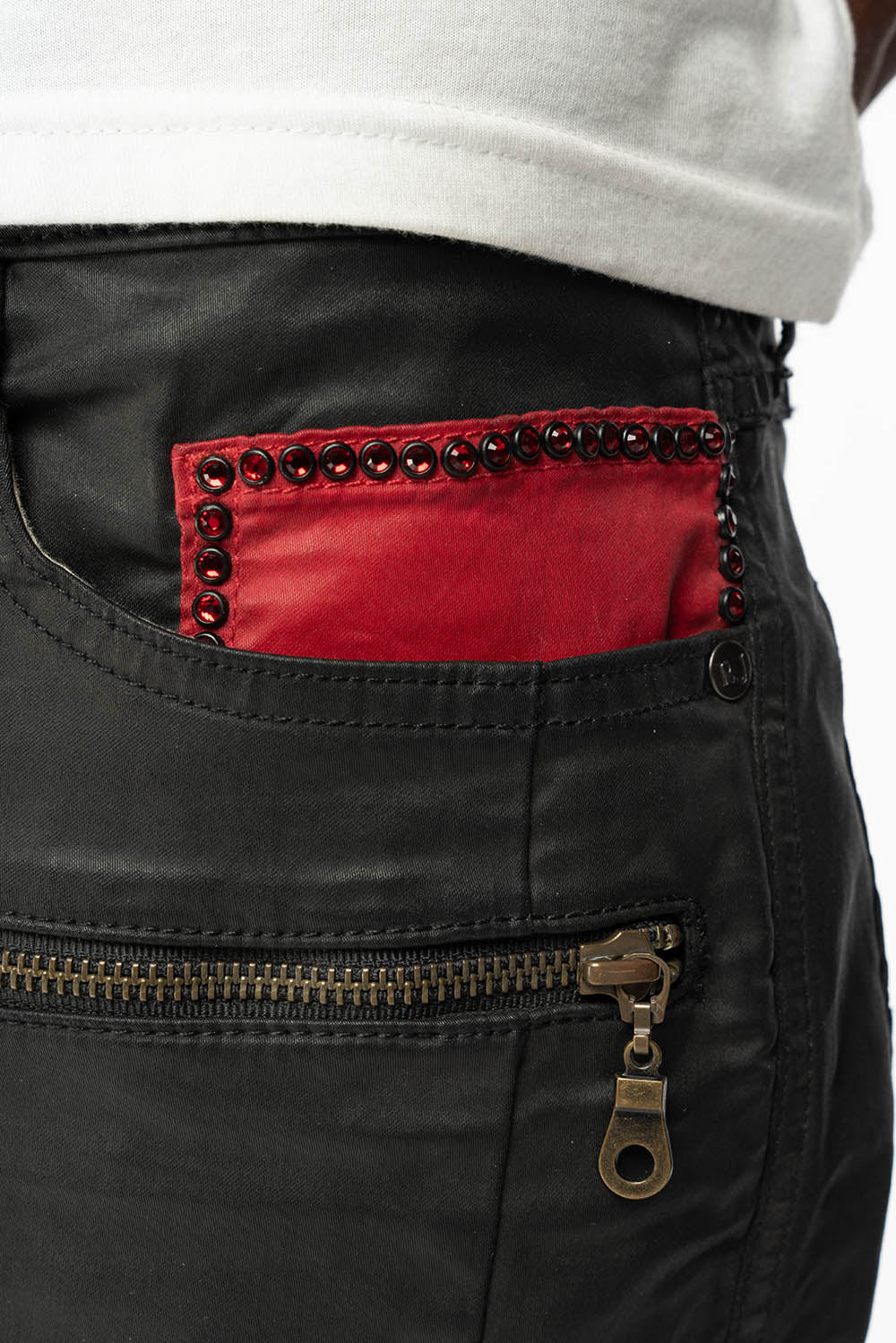 MENS THE SHOW BIKER JEANS IN BLACK DY FABRIC WITH RED INSERTS WITH EMBELLISHMENT