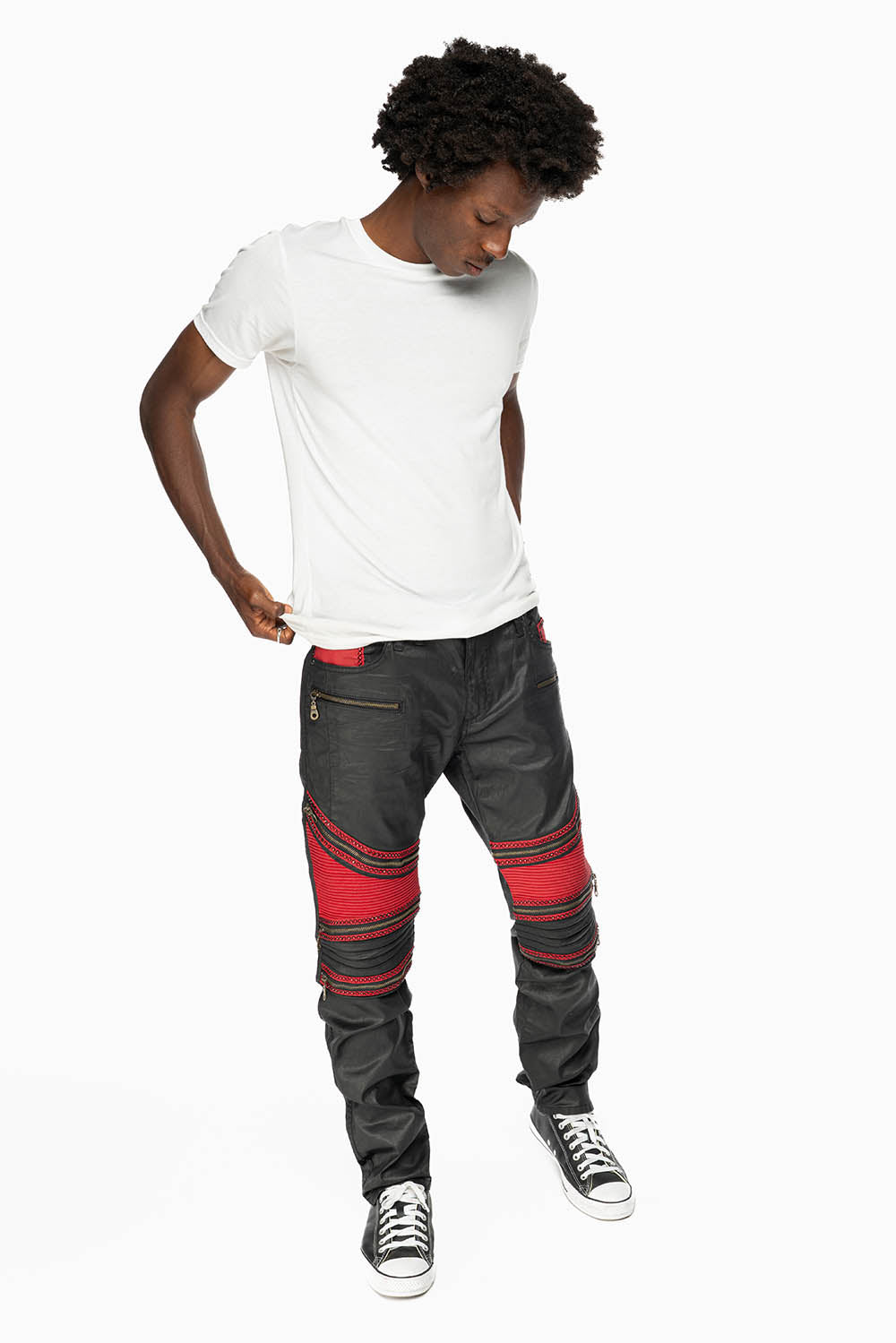 MENS THE SHOW BIKER JEANS IN BLACK DY FABRIC WITH RED INSERTS WITH EMBELLISHMENT