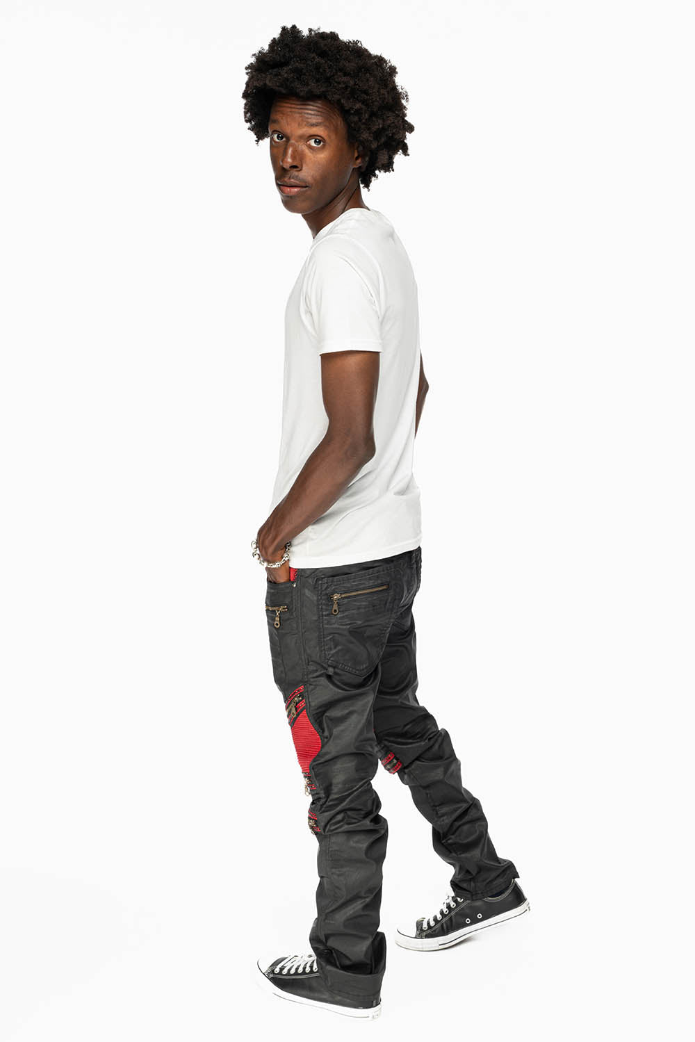 MENS THE SHOW BIKER JEANS IN BLACK DY FABRIC WITH RED INSERTS WITH EMBELLISHMENT