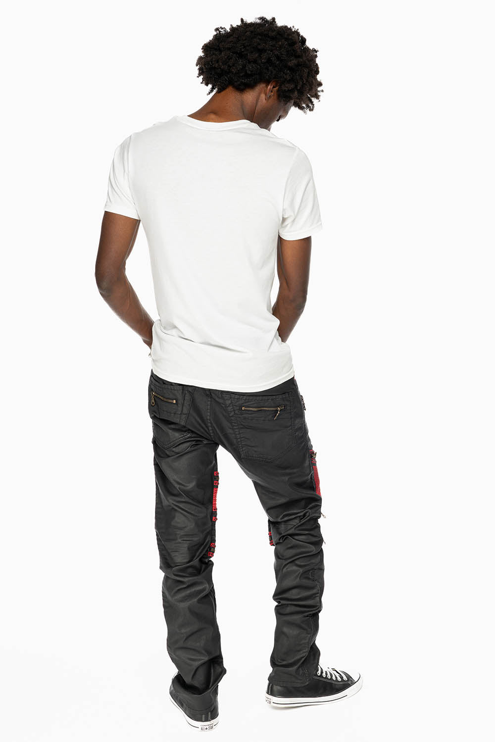 MENS THE SHOW BIKER JEANS IN BLACK DY FABRIC WITH RED INSERTS WITH EMBELLISHMENT