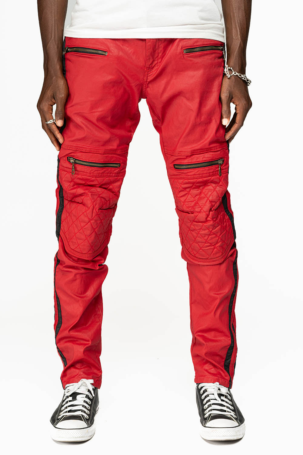 MENS BIKER JEANS IN RED DY FABRIC  WITH BLK STRIPES