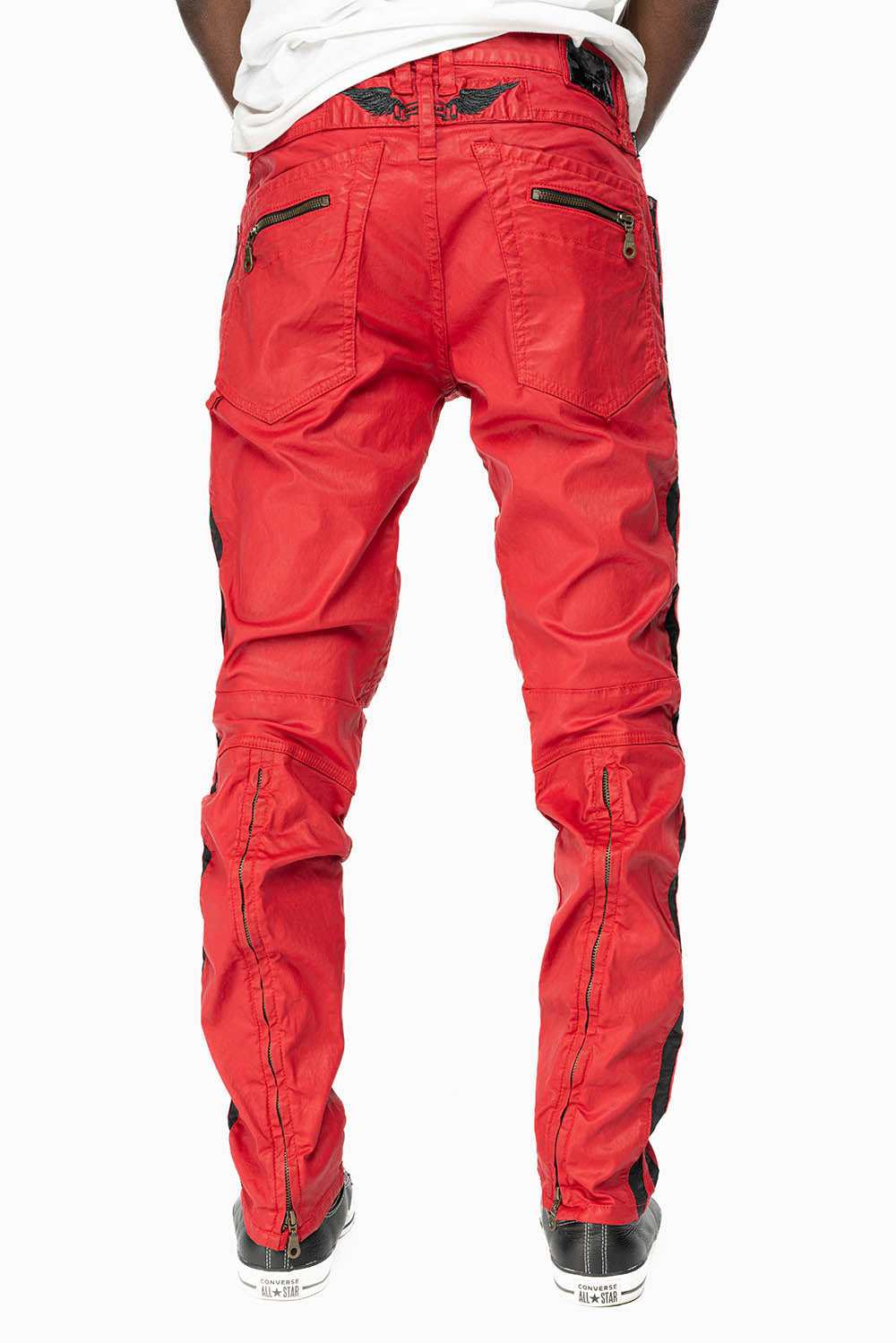 MENS BIKER JEANS IN RED DY FABRIC WITH BLK STRIPES