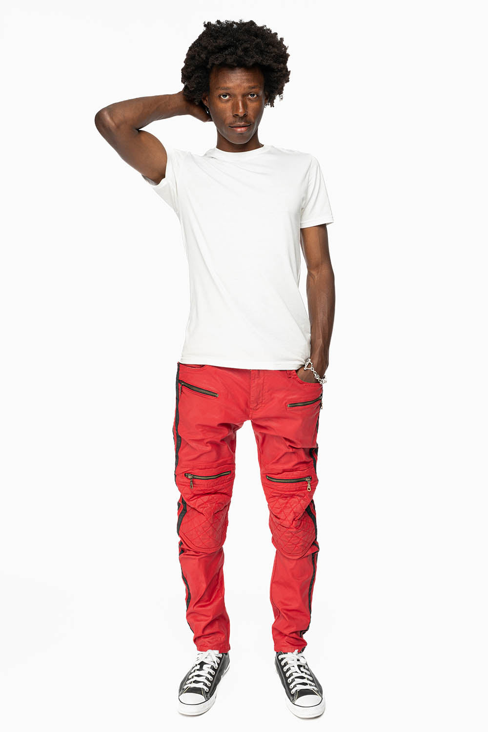 MENS BIKER JEANS IN RED DY FABRIC WITH BLK STRIPES