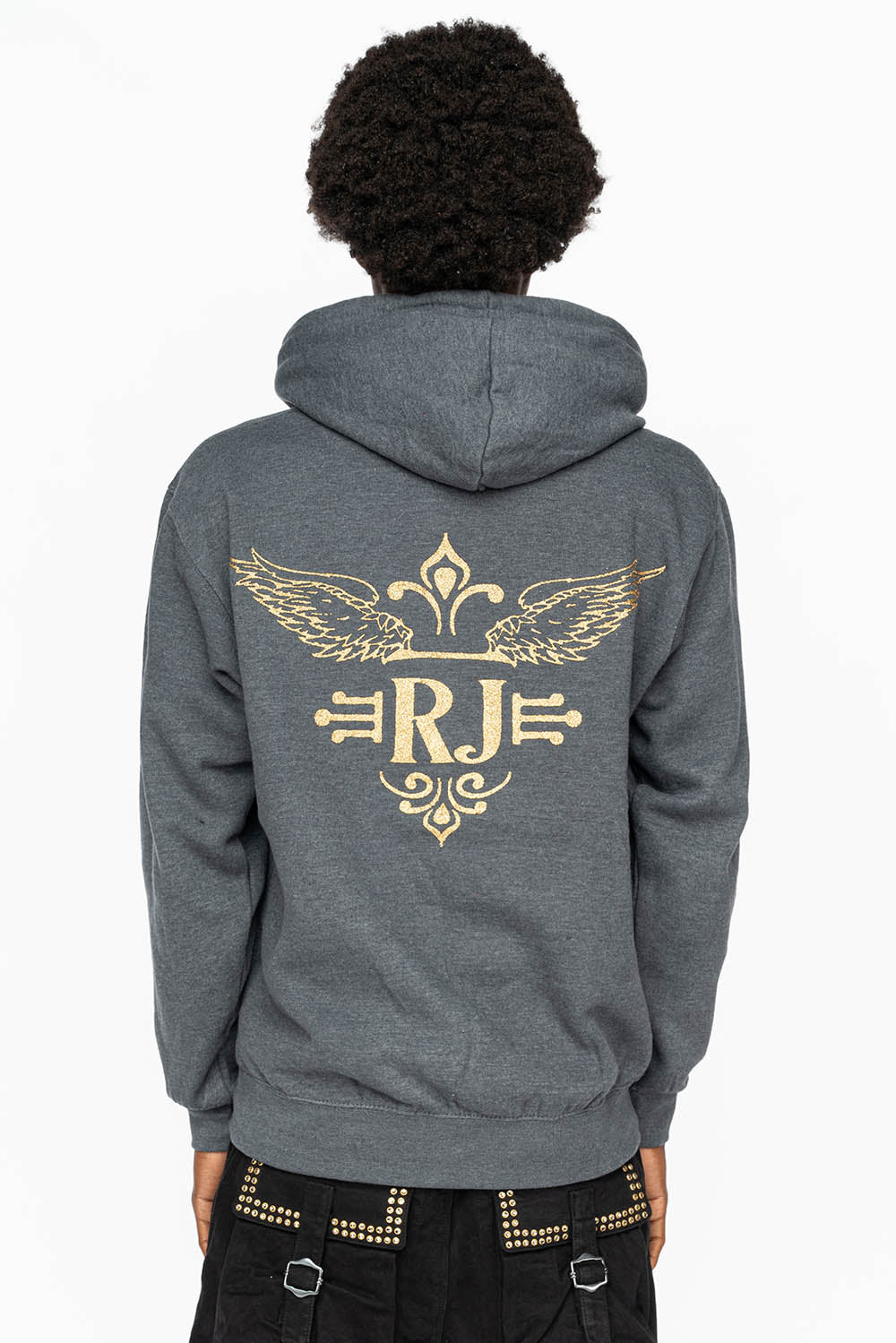PULLOVER HOODIE IN DARK HEATHER WITH GOLD GLITTER FLEUR
