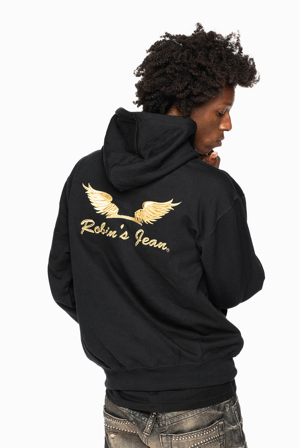 ROBIN’S JEAN PULLOVER HOODIE IN BLACK WITH GOLD WINGS EMBROIDERY
