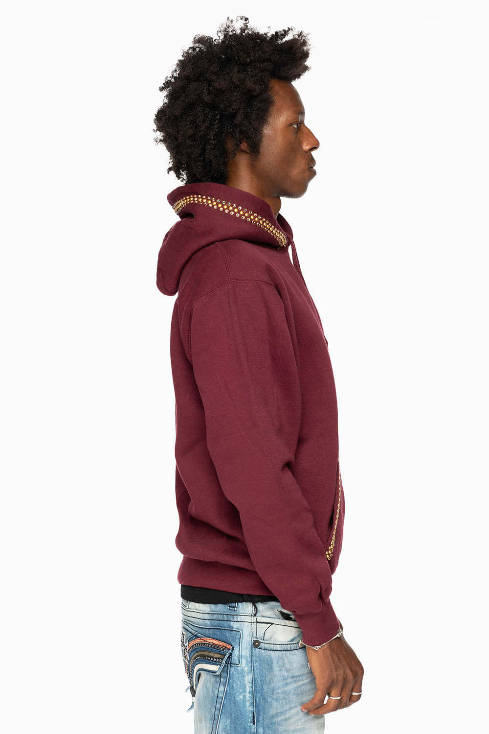 ROBIN’S JEAN PULLOVER HOODIE IN BURGUNDY EMBELLISHED WITH  CRYSTALS  AND NAILHEADS