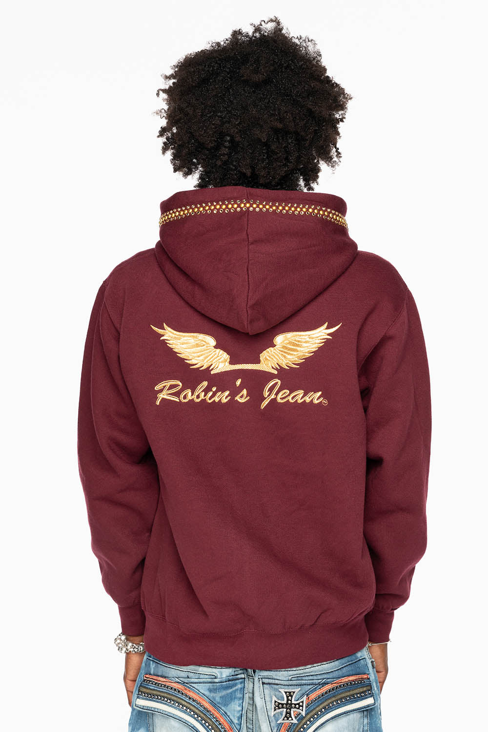 ROBIN’S JEAN PULLOVER HOODIE IN BURGUNDY EMBELLISHED WITH  CRYSTALS  AND NAILHEADS