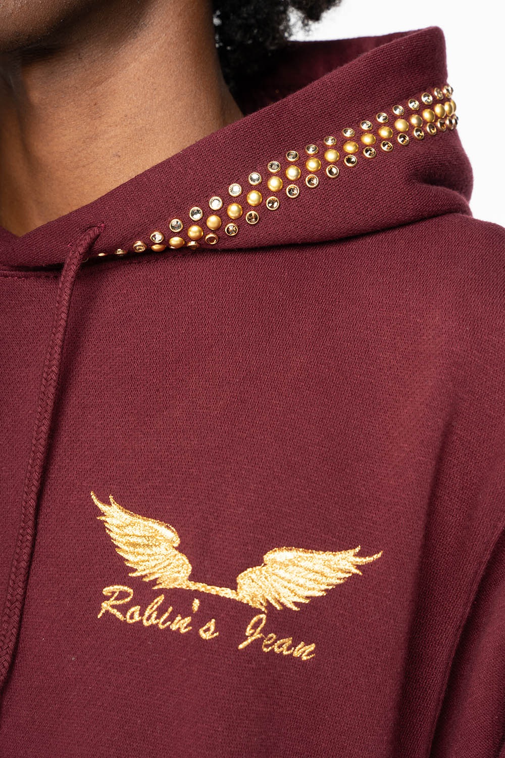 ROBIN’S JEAN PULLOVER HOODIE IN BURGUNDY EMBELLISHED WITH  CRYSTALS  AND NAILHEADS
