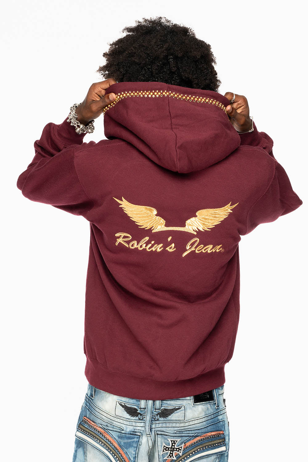 ROBIN’S JEAN PULLOVER HOODIE IN BURGUNDY EMBELLISHED WITH  CRYSTALS  AND NAILHEADS